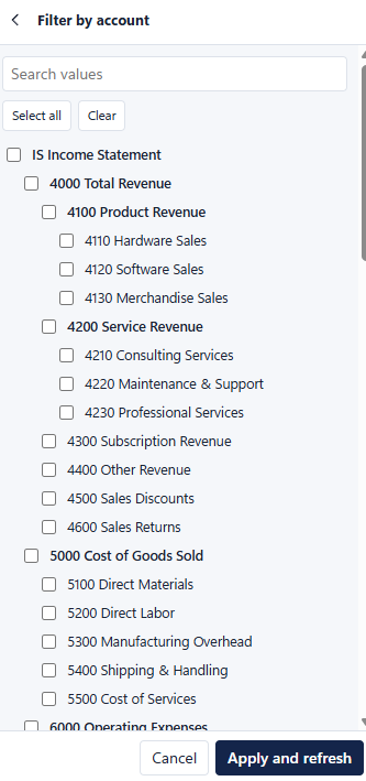 Filter by account: a checklist over the account hierarchy from Income Statement down to individual accounts, with Select all, Clear and Apply and refresh