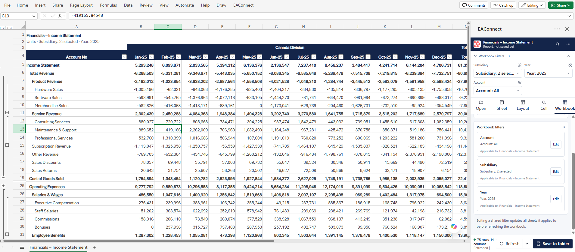 Excel with an EAConnect report on the sheet as outline-grouped cells and the add-in sidebar showing the layout editor