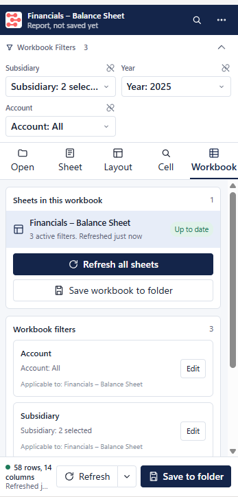 Workbook filters as chips for Subsidiary, Year and Account, and the Workbook tab listing every EAConnect sheet with its refresh status, Refresh all sheets and Save workbook to folder